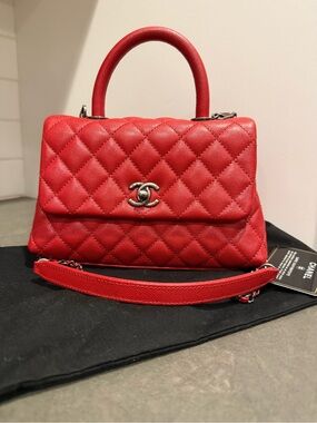 CHANEL Red Caviar Mini Coco Top Handle Silver Hardware